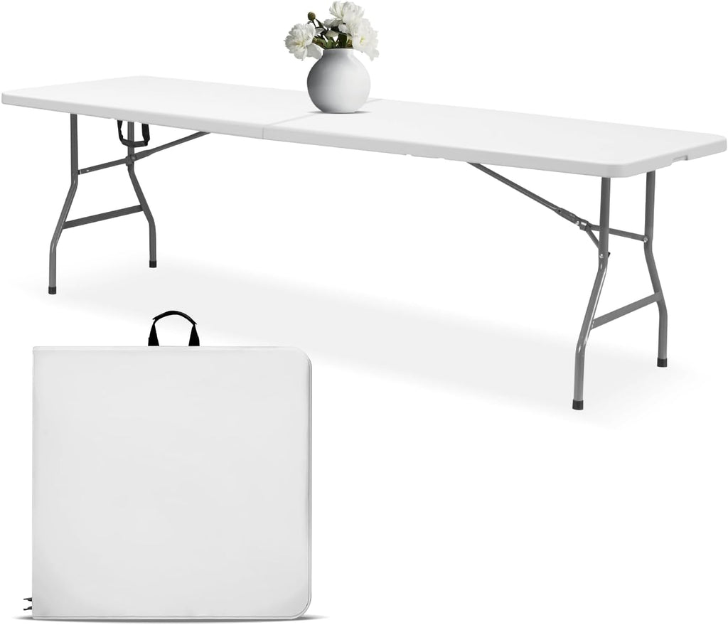 EconoHome White 8ft Folding Table with Handle | Heavy-Duty Foldable Table | Portable Table for Indoor & Outdoor Use | Perfect for Events, Camping, Parties, Dining & More