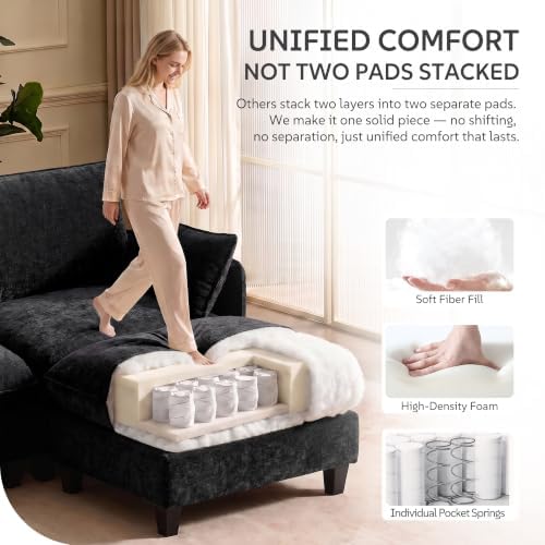 Ihanherry 139" Oversized V-Shaped Modular Sectional Couch, 9-Seater Cloud Sofa with Corner & Movable Ottoman, Large Cushions, Chenille Deep Seat Living Room Furniture Set,Black