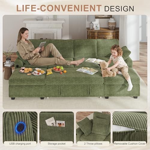 Hanherry 104" Sectional Sofa with Pull Out Couch Bed,Corduroy 4 Seater Sleeper Sofa with Storage Ottoman & USB Charging,Comfy U Shaped Modular Couches for Living Room,Apartment