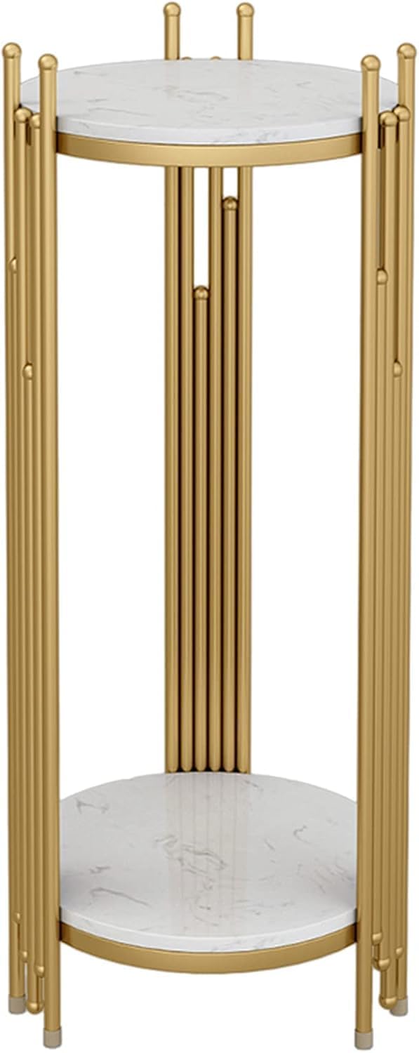 ELEFOCUS 2 Tier Marble Look Telephone Table Tall Slim Plant Stand & Round Side Table for Living Room Patio Decor (Size:33 * 33 * 50CM,Color:Gold)