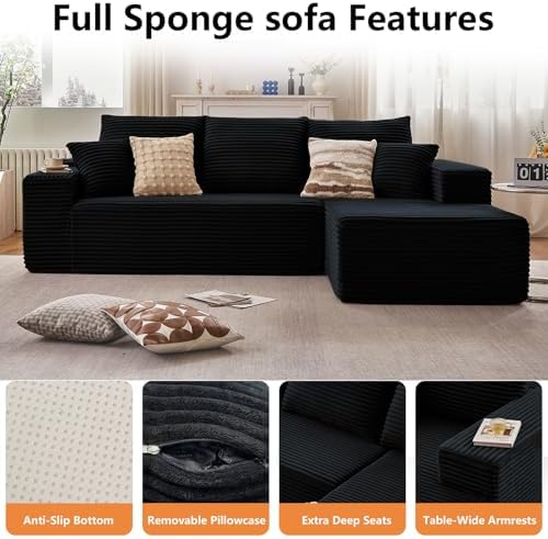 Sectional Couches for Living Room Cloud Couch Sofa with L-Shape Couch in a Box Upholstered Couchs Modern Modular Sectional Couch with Chaise(Black,3 Seater-Right-Facing Chaise-96)