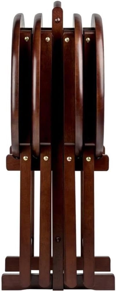 Pemberly Row 5-Piece Solid Wood Snack Table Set, Oval Shape, Cappuccino Finish, Includes Storage Stand, Portable Folding Tables for Living Room or Home Office
