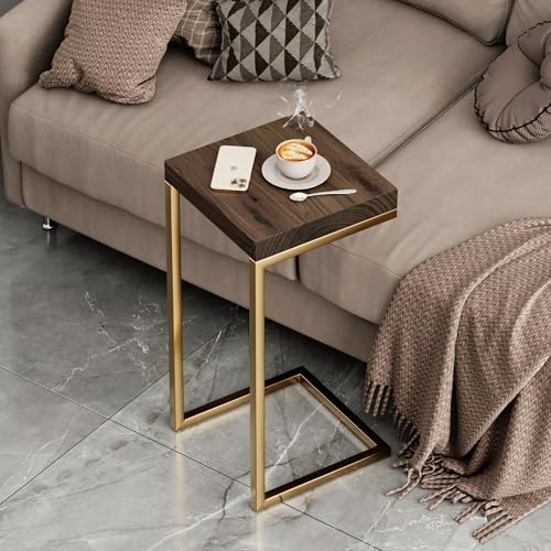 Urbandi C Shape Rustic Side Table for Living Room Couch Tray, Nightstand for Bedroom, End Table, Made in USA from Solid Pine Wood and Strong Metal Base, Comes Fully Assembled (Gold/Jacobean)