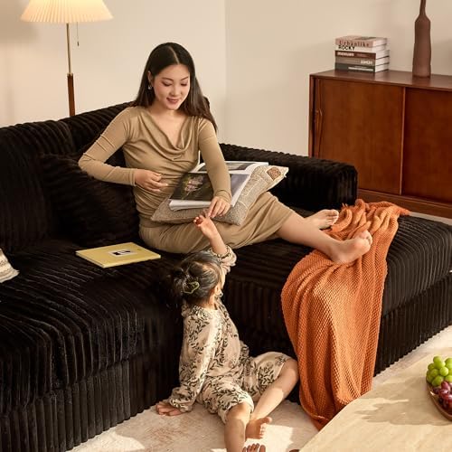 GOSUHI 139" U-Shaped Cloud Couch, Modular Sectional, Deep Seats, Black | Pocket Spring Cushions, Oversized 7-Seater, Right Facing Chaise, Corduroy Upholstery Couches for Living Room