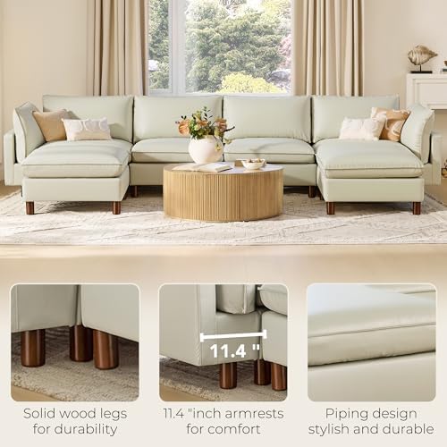 CHITA 161" Leather Super Large Sectional Couches for Living Room, Modular Cloud Sofa, Premium Genuine Leather Sofa, Down Filled, High Density Foam, Real Leather in Cream, 6 Seat U Shaped