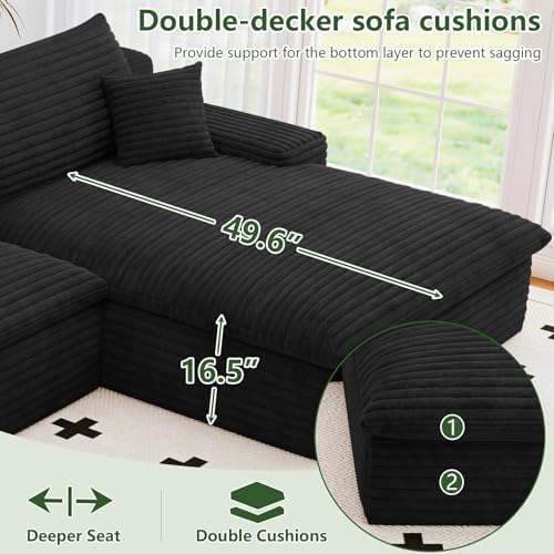 107" Cloud Couch Modular Sectional Sofa for Living Room, U-Shape Couch with Deep Seat, Modern Corduroy 3-Seater with Ottoman, No Assembly Required (Black,Right-Facing Chaise)
