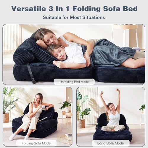 Folding Futon Sleeper Sofa Bed Chair, No Assembly, Black 3 | Dual-layer flannel corduroy| Anti-collapse foam| Pillow and blanket included| Side pockets| Ergonomic for lounging