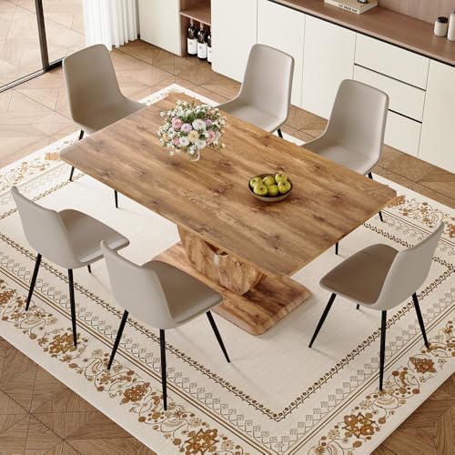 Modern Dining Table Set for 6, 63" Wood Kitchen Table with 6 PU Leather Upholstered Chairs, Farmhouse Style with 1.8" Thick Top and U-Shape Legs, 7 Piece Dining Room Set for Apartment or Kitchen