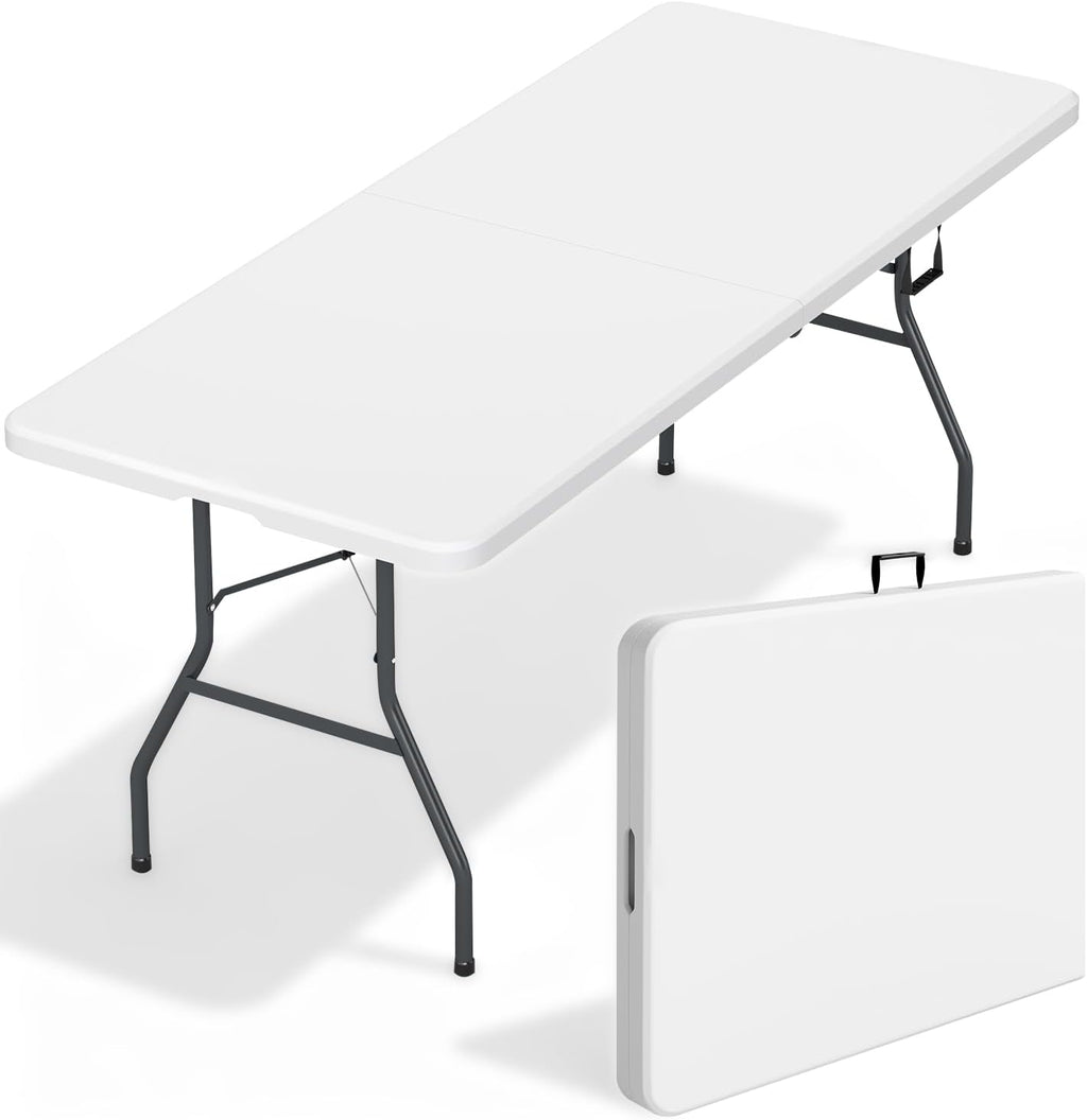 FDW | 6FT Folding Table | White | Portable Plastic Table | with Carry Handle | Waterproof & Foldable Table Design | Steel Frame with Lock | for Events, Camping, Indoor & Outdoor Use