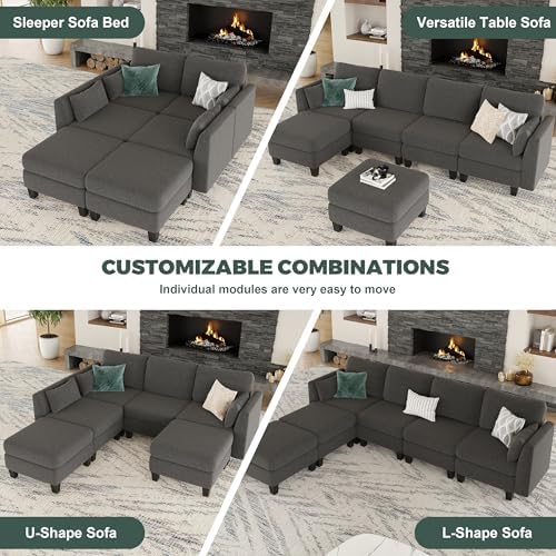 Modular Sectional Sofa 6 Seaters Modular Sleeper Sofa Couch | Comfy Sectionals Couches Bed, Convertible Sofas with Ottomans, Sectional Couches for Living Room, Dark Gray