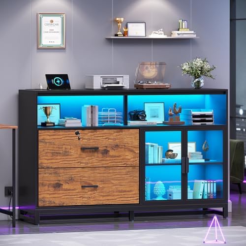 SEDETA 59" Filing Cabinet with Lock Drawers fits Legal Size for Home Office | Rustic Brown Lateral 2 Drawers File Cabinet with Acrylic Display Cabinet, Power Strip, Printer Stand with Storage Shelves