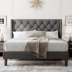 Feonase Full Size Bed Frame with Upholstered Wingback Headboard, Platform Bed and Heavy Duty Wooden Slats Support, Easy Assembly, Noise-Free, No Box Spring Needed, Dark Gray