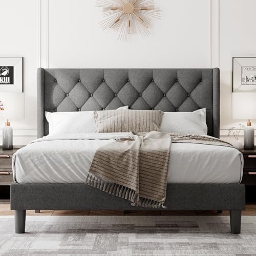 Feonase Full Size Bed Frame with Upholstered Wingback Headboard, Platform Bed and Heavy Duty Wooden Slats Support, Easy Assembly, Noise-Free, No Box Spring Needed, Dark Gray