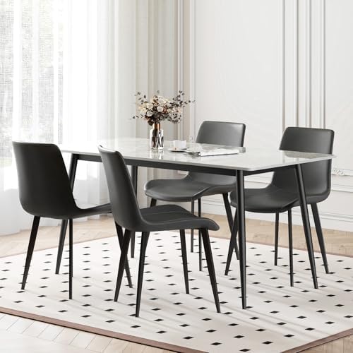 Dining Chairs Set of 4, Modern PU Leather Upholstered Dinner Chairs | Sturdy Metal Legs and Comfort Backrest, Armless Accent Side Chairs for Home Kitchen/Living Room/Restaurant (Dark Grey)