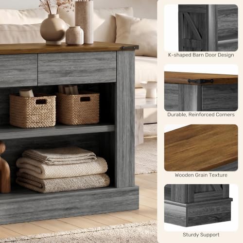 Miereirl 63" Console Table with Drawers & LED Light, Brown & Dark Grey