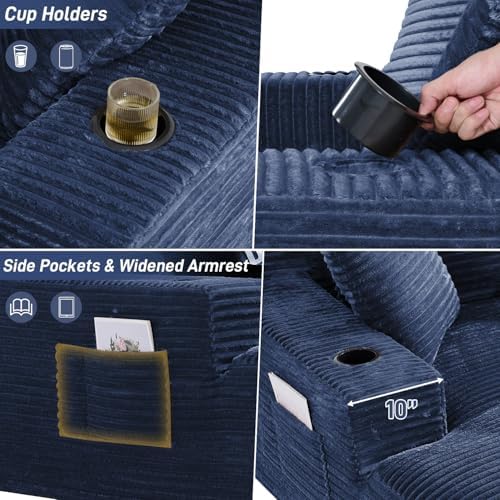 50" x 68" Corduroy Chaise Lounge, Cup Holders, Blue | Oversized corduroy chaise with a deep sleeper seat, built-in cup holders, and 3 pillows for reading, lounging, or naps.