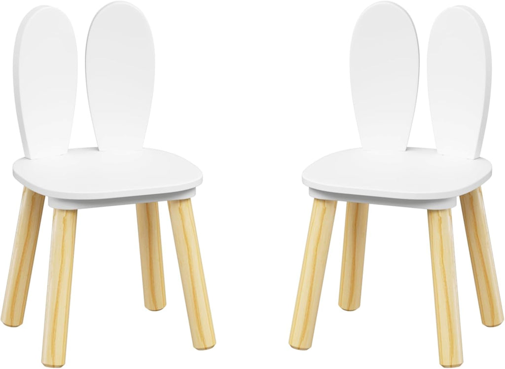 ALEVINE Kids Table and 2 Rabbit Ear Chairs Set, 3-Piece Toddler Wooden Activity Table and Chair Set with Solid Wood Legs, White