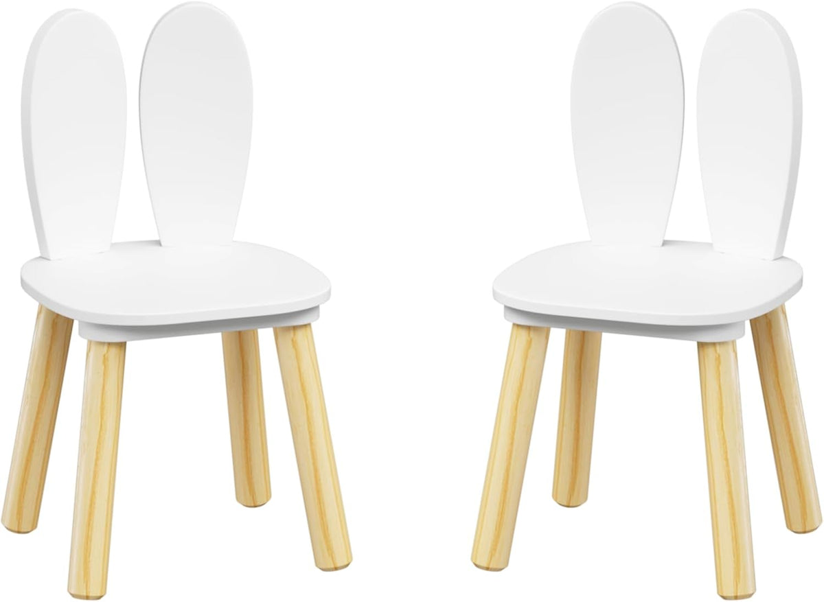 ALEVINE Kids Table and 2 Rabbit Ear Chairs Set, 3-Piece Toddler Wooden Activity Table and Chair Set with Solid Wood Legs, White