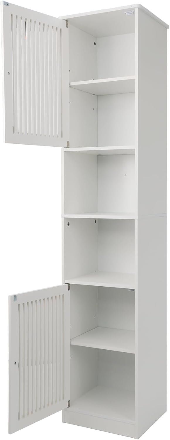 64" Tall Bathroom Cabinet, White Floor Standing Storage | Narrow unit with adjustable shelves & louvered doors, ideal for bathroom, laundry room, maximizing vertical space.
