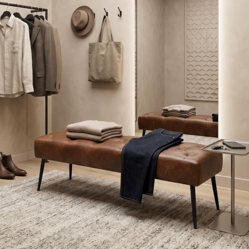 DUHOME Button-Tufted Ottoman Bench, Upholstered Bedroom Benches Leather Footrest Stool Accent Bench for Entryway Dining Room Living Room Bedroom End of Bed, Yellowish Brown
