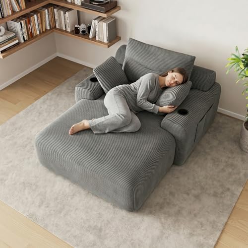 69” Floor Chaise Lounge Chair Indoor, Oversized Chaise Lounge Reading Chairs with 4 Side Pockets and 2 Cup Holders, Comfy Corduroy Sleeper Sofa Bed for Living Room Bedroom Apartment, Grey