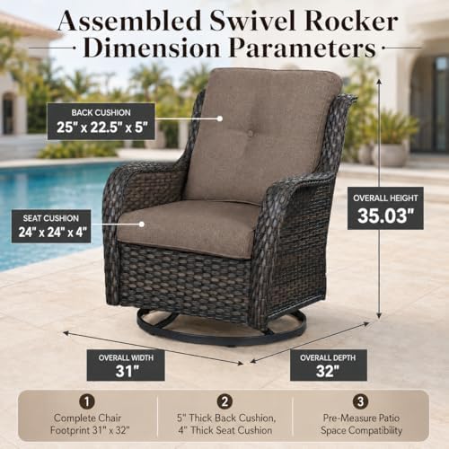 HUMMUH Outdoor Swivel Rocker Wicker Patio Chairs Set of 2, Rattan Rocking Chair Furniture Set(Brown,Grey)