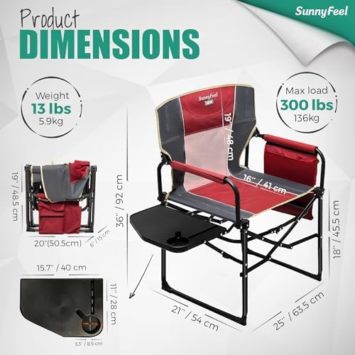 SUNNYFEEL Oversized Camping Chair Portable Directors Chairs with Side Table | Heavy Duty Folding Lawn Chair for Adults 300LBS with Compact Size, Breathable Mesh, Pocket & Carry Bag for Outdoor, Lawn, RV