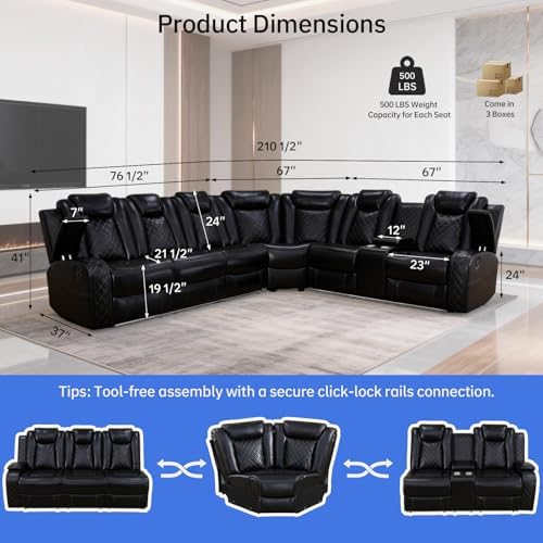Power Recliner Sofa Set, Living Room Furniture Sets, Leather Sectional Sofa Set with LED Lights, Cup Holders, Storage Console for Living Room/Home Theater (Black)