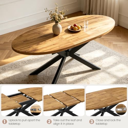 63"-78.7" Extendable Oval Dining Table Set for 6 | 7 Piece Large Round Walnut Table Set, 6 Brown Dining Chairs, Living Room, Kitchen, Space Saving, Mid Century Modern