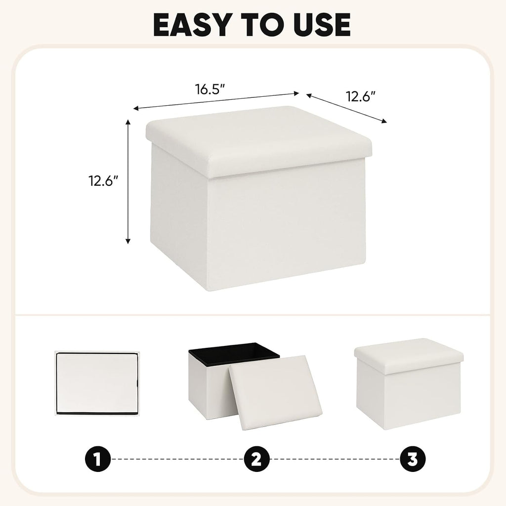 B FSOBEIIALEO Folding Storage Ottoman, 16.5" Faux Leather Ottomans, White | Small Ottoman with Storage Bench, Rectangle Foot Rest Chest Seat, for Living Room, Bedroom, Home Office, Dorm