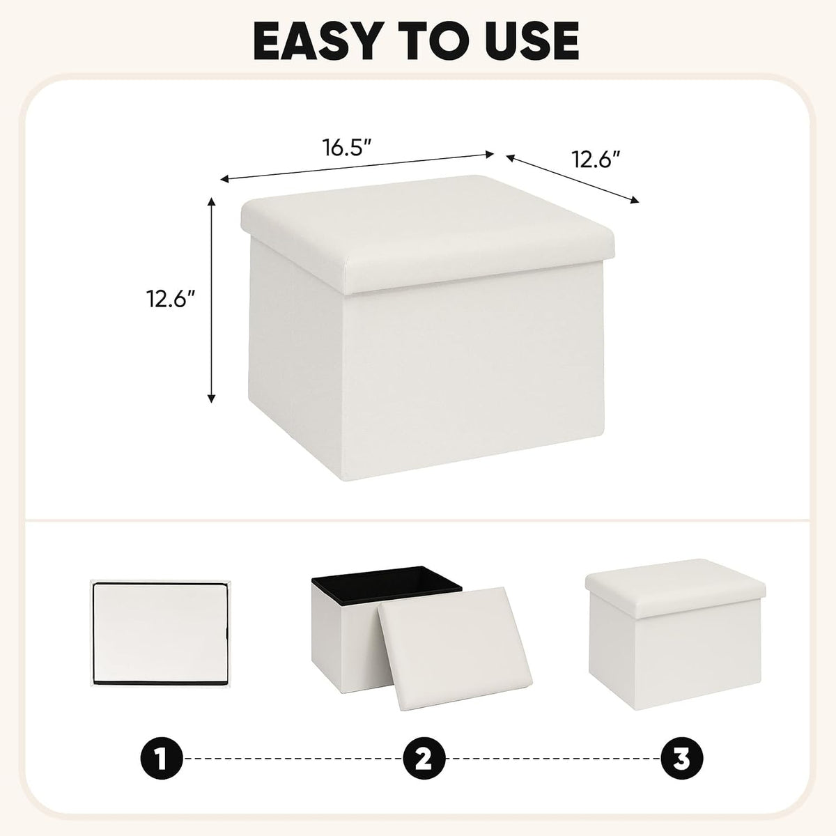 B FSOBEIIALEO Folding Storage Ottoman, 16.5" Faux Leather Ottomans, White | Small Ottoman with Storage Bench, Rectangle Foot Rest Chest Seat, for Living Room, Bedroom, Home Office, Dorm