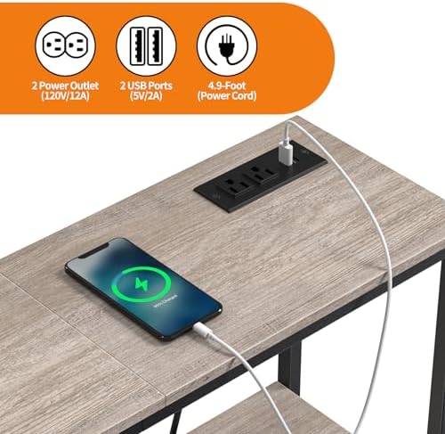 Snughome 3 Tier Narrow 29.5" Console Table with Power Outlets (Grey) | Thin Sofa Side Display Table, Small Entryway Table with 2 USB, 2 Power Outlets, Behind Couch Table, for Living Room, Hallway