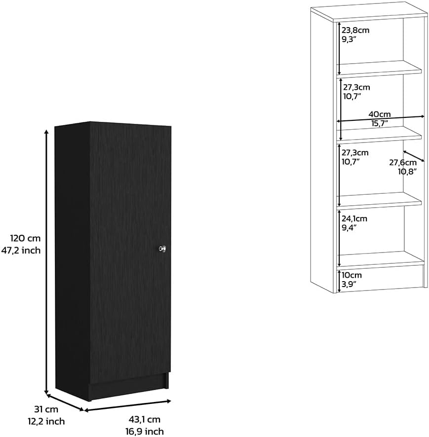Kitchen Pantry 47" H,One Door Cabinet,Four Interior Shelves,Black,for Kitchen,Dining Room