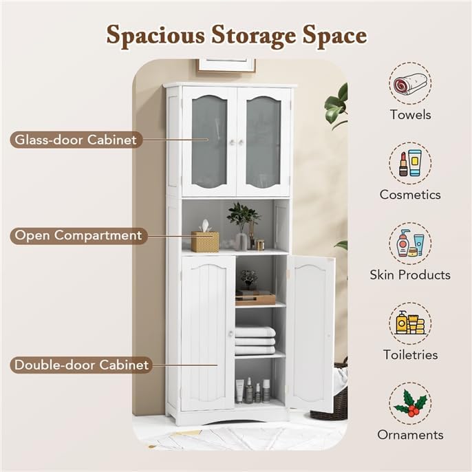 NAFORT Tall Storage Cabinet, Freestanding Cupboard with Adjustable Shelves, Frosted Glass Doors, Anti-Tipping Devices, Multifunctional Floor Cabinet for Bathroom, Dining Room & Living Room (White)