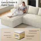 ONEMMLION 96" L-Shaped Cloud Couch Sofa with Chaise, Beige White | Corduroy Comfy Fluffy Modular Deep Seat Memory Foam Compressed Sectional Sofa for Living Room Oversized Left Facing Chaise
