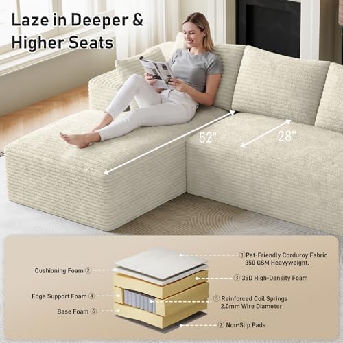 ONEMMLION 96" L-Shaped Cloud Couch Sofa with Chaise, Beige White | Corduroy Comfy Fluffy Modular Deep Seat Memory Foam Compressed Sectional Sofa for Living Room Oversized Left Facing Chaise