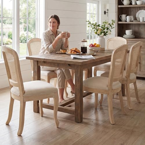 Wicker Dining Chairs Set of 4, Upholstered Linen Fabric Dining Room Chairs with Square High Rattan Back Farmhouse French Kitchen Chairs for Dining Table/Living Room/Restaurant, Cream