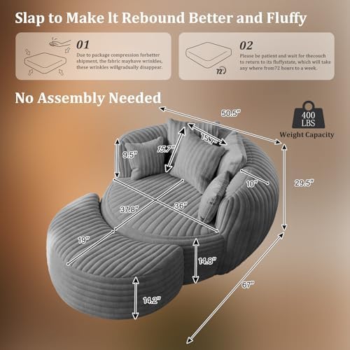 ONEMMLION 50" Oversized Round Chaise Lounge with Ottoman, Corduroy, Grey | Deep Seating Chair, Plush Corduroy and Matching Ottoman Create Cloud-like Comfort for Reading, Lounging and Relaxing