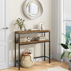 Simple Trending Console Table, 2-Tier Narrow Sofa Table, Rustic Brown | Entryway Table with Storage Shelf, Metal Frame, Adjustable Feet Pads, for Entryway, Living Room, 8 x 31.75 x 31.25Inches