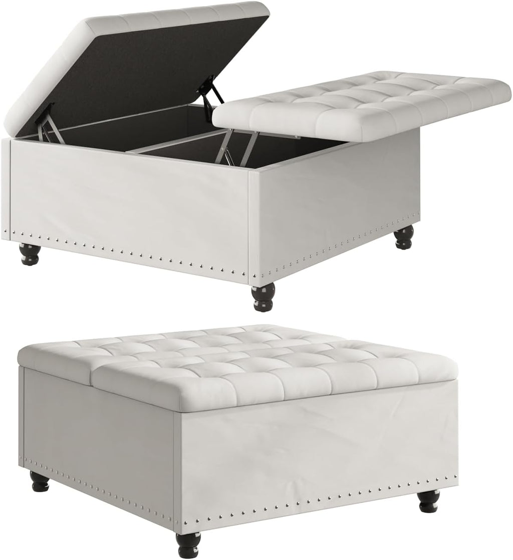 FUXA 35" Large Square Ottoman with Storage and Lift Top, Wood Legs, Beige | Oversized Coffee Table, Tufted Upholstered Bench, Sturdy Construction, for Living Room