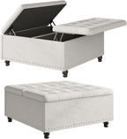FUXA 35" Large Square Ottoman with Storage and Lift Top, Wood Legs, Beige | Oversized Coffee Table, Tufted Upholstered Bench, Sturdy Construction, for Living Room