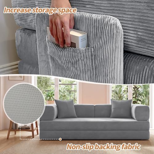 78.8" Couch for Living Room, Futon Sleeper Sofa Bed | Convertible Sofa Bed, Corduroy Pull Out Couch Loveseat with Storage Pocket, Modular Design, No Assembly, Grey