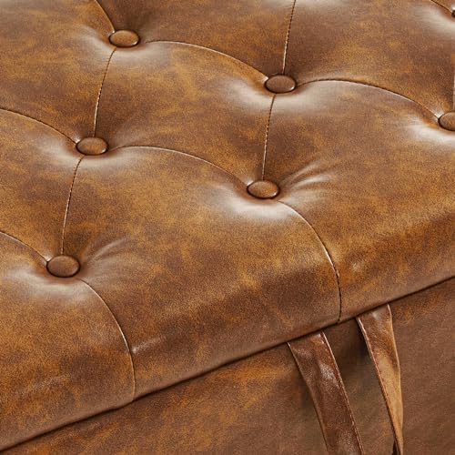 Furniliving Storage Ottoman Bench, Leather Benches End of Bed Bench with Solid Wood Legs Upholstered Ottoman Bench with Storage Indoor Bench for Living Room with Rolled Arm, Entryway, YellowBrown