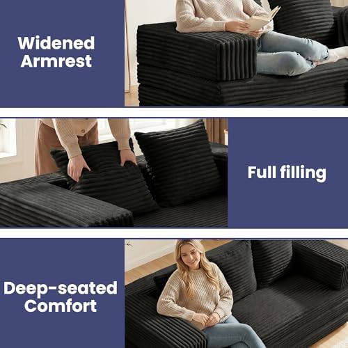 Convertible Sofa Bed, 4-in-1 Loveseat with Removable Armrests Backrest, Corduroy Futon Couch Bed with Pillow, Foldable Mattress Sleeper Sofa for Living Room Bedroom Small Place (Black)
