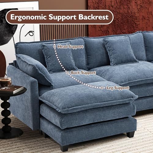 Ihanherry 111.4" U Shaped Modern Sofa Modular Sectional Cloud Couch with 2 Ottoman, 5-Seat Chenille Deep Seat Sofa with Pillow for Living Room, Bedroom and Apartment, Blue