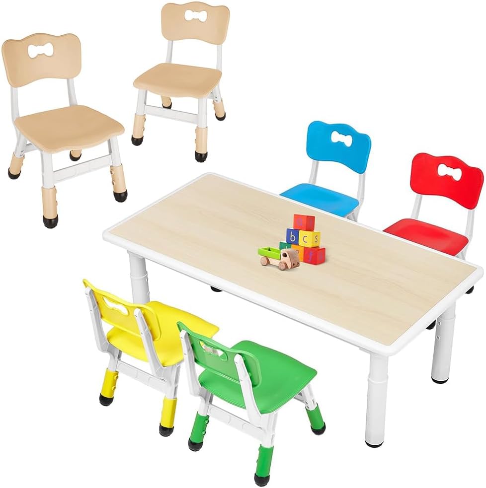 FUNLIO Kids Table and 4 Chairs Set and Adjustable Kids Chair (2pcs)，Easy to Wipe Arts & Crafts Table, for Classrooms/Daycares/Homes, CPC & CE Approved (5-Piece Set) - Multicolor