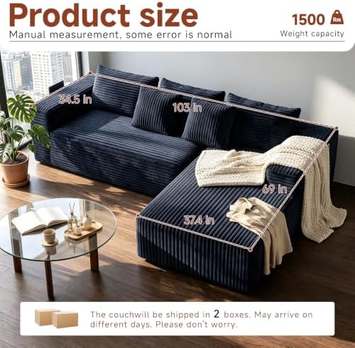 Couch ≈103" L-Shaped Sofa, Modular Sofa in Living Room Comfy Corduroy Fluffy Couch with Deep Seat and Side Pockets, Flexible Module Combination for Living Room (Black, 103IN)