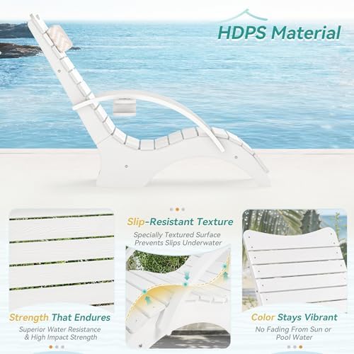 Pool Lounge Chairs with Armrest & Cup Holder, 8-10in Shallow Water | HDPS Fade Resistant, Headrest, 330lbs Capacity, Outdoor Beach Deck Sun Tanning Lounger, White