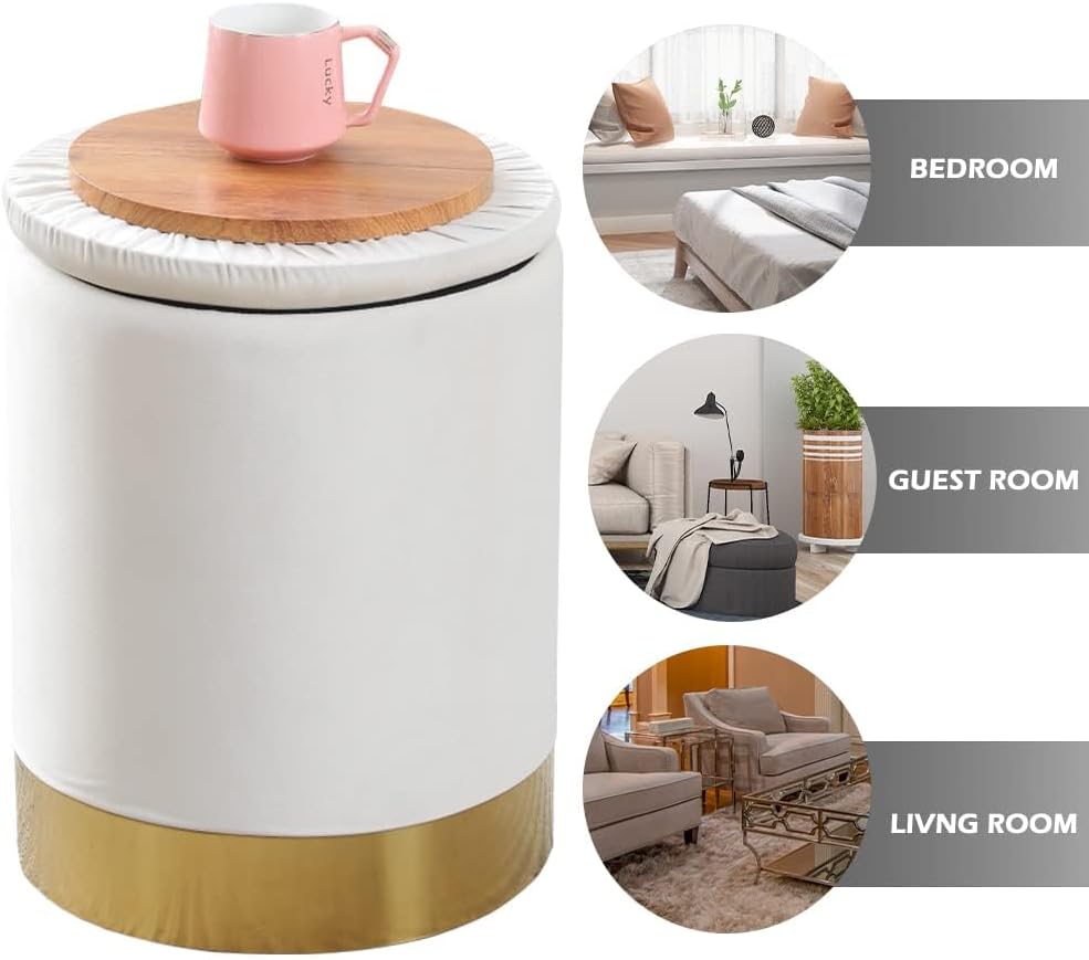 Velvet Storage Ottoman Multipurpose Footrest Stool with Metal Base Modern Round Vanity Stool Chair Ottoman Foot Stools Support 300 lbs Padded Seat for Living Room (Cream (Velvet))