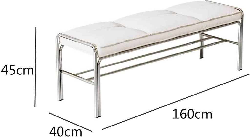 Modern Stainless Steel Long Bench with White Leather Cushion Home-use Soft-Padded Shoe Changing Stool Entryway(Large)